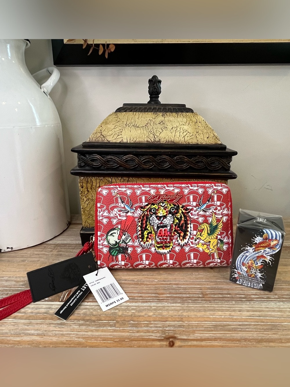 NWT Ed Hardy Bundle Red Tattoo Tiger Wallet Wristlet & Koi Wave Perfume